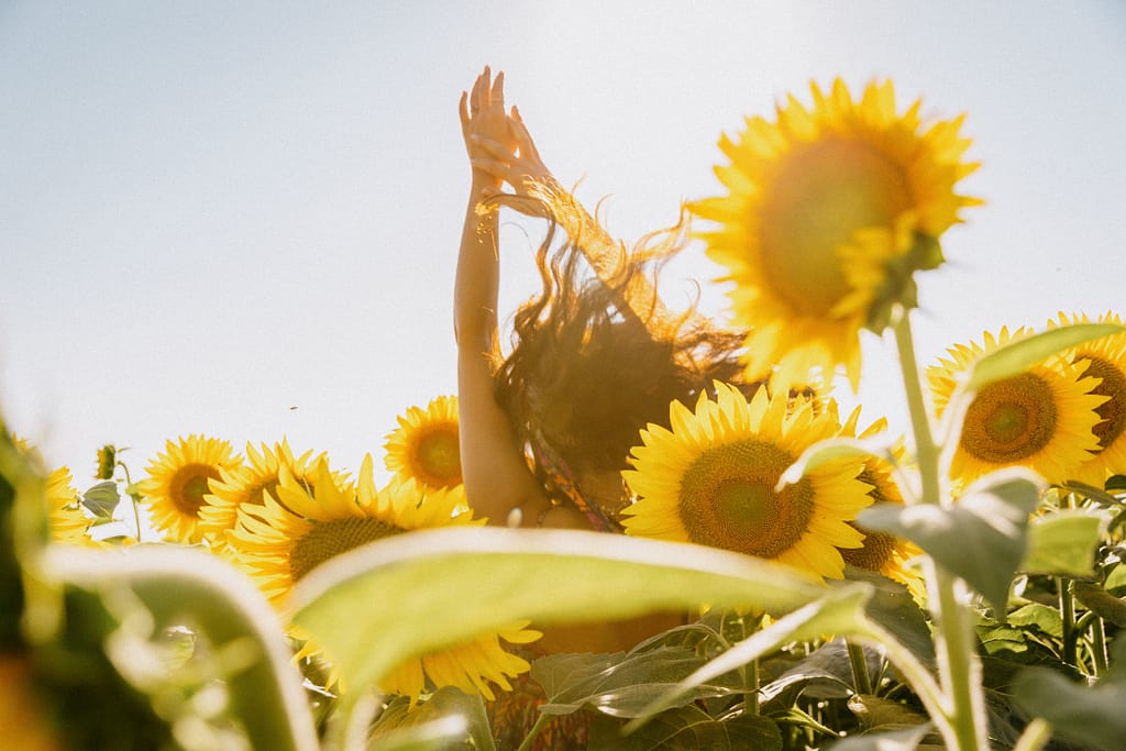 girl dancing among sunflower
